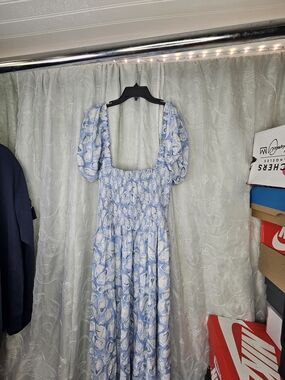 Kenny Flowers The Nantucket Smocked Maxi Oyster Dress Floral Blue & White XL NWT